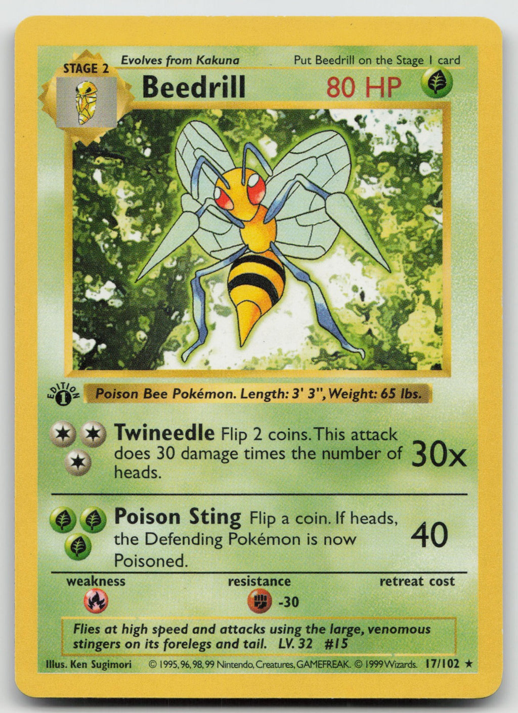 Beedrill Rare 1st Edition Base Set (Shadowless) 17/102 LP