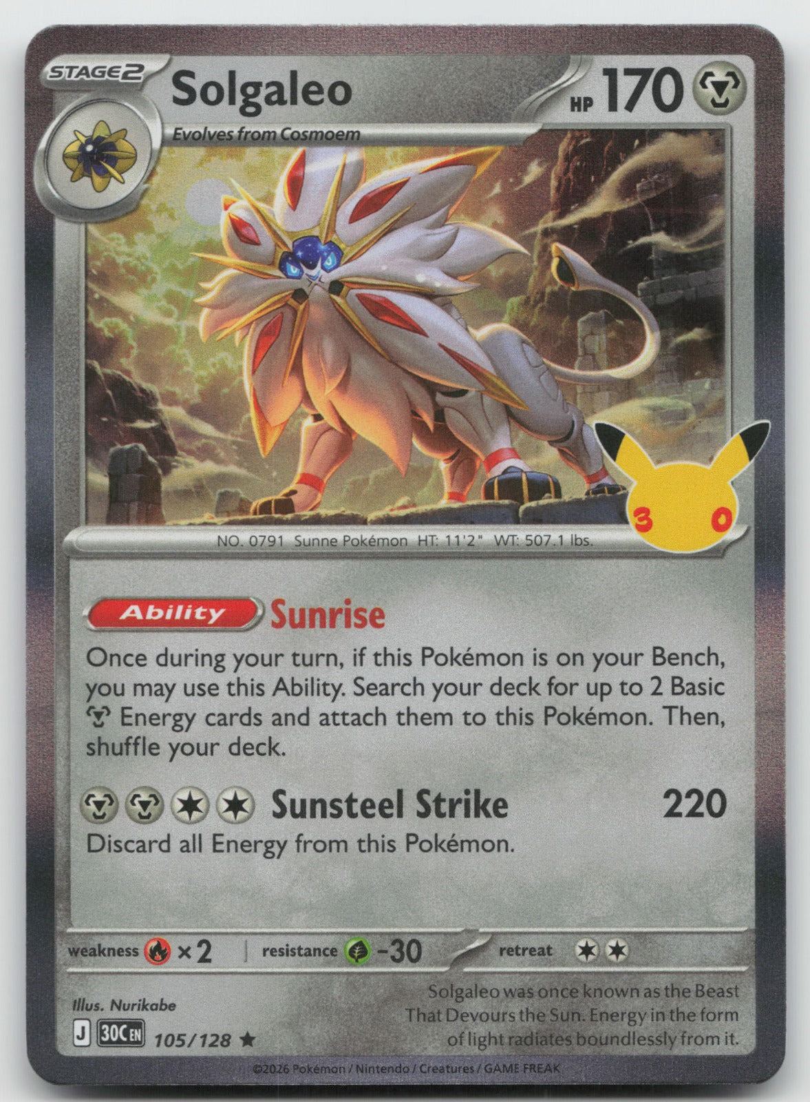 Solgaleo Holo Rare ME: 30th Celebration 105/128 NM