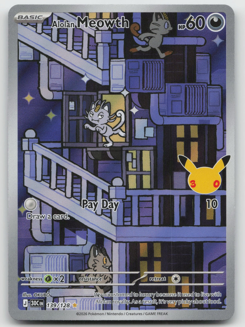 Alolan Meowth Holo Illustration Rare ME: 30th Celebration 139/128 NM