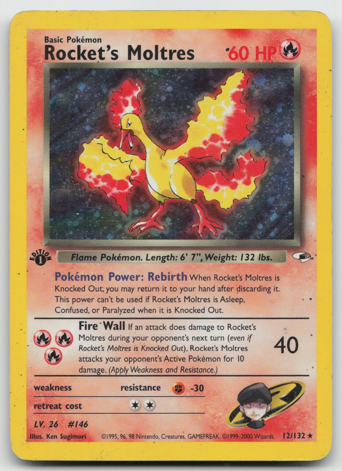 Rocket's Moltres Holo Rare 1st Edition Gym Heroes 12/132 HP