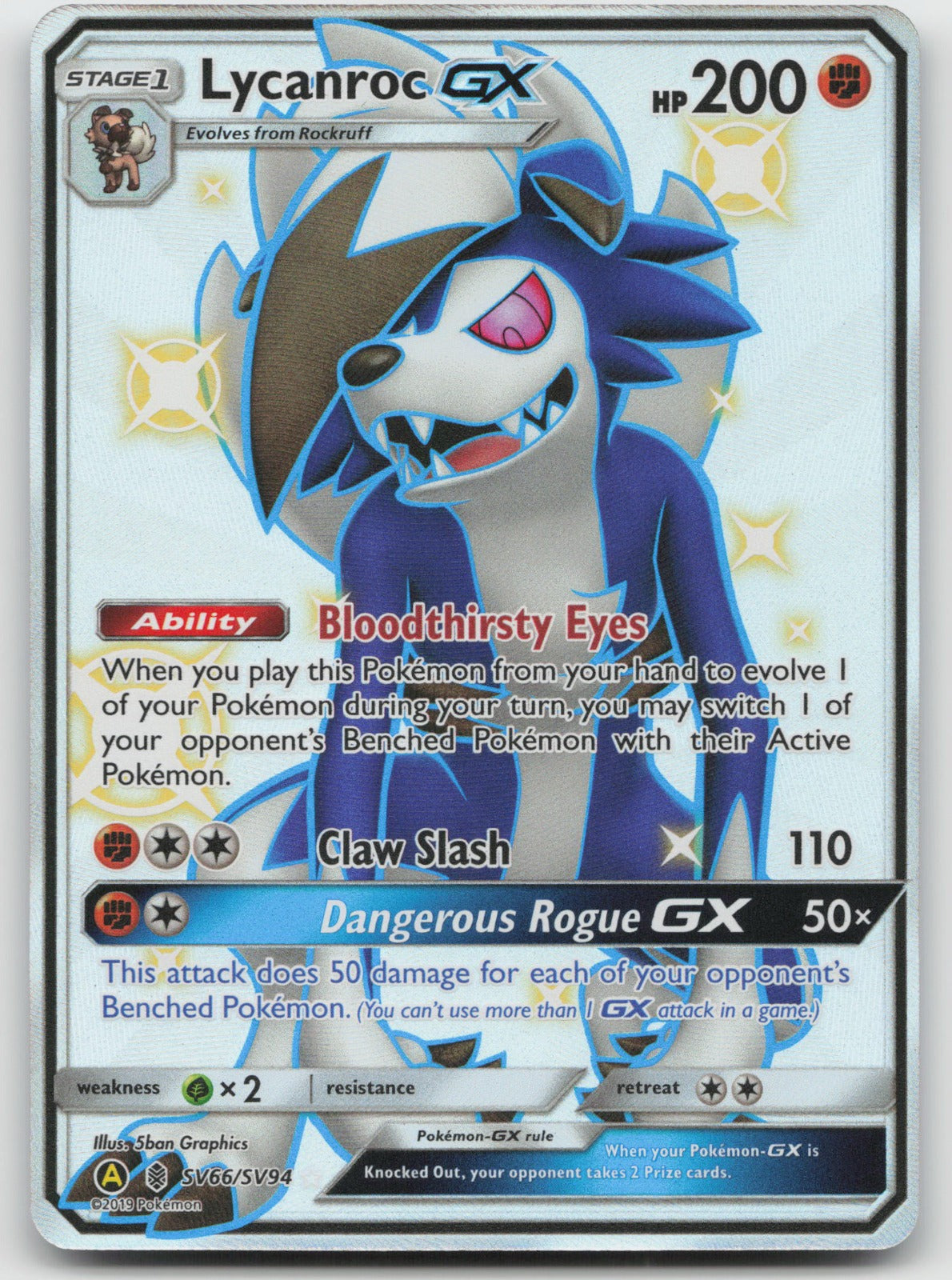 Lycanroc GX Shiny Holo Rare Hidden Fates: Shiny Vault SV66/SV94 NM