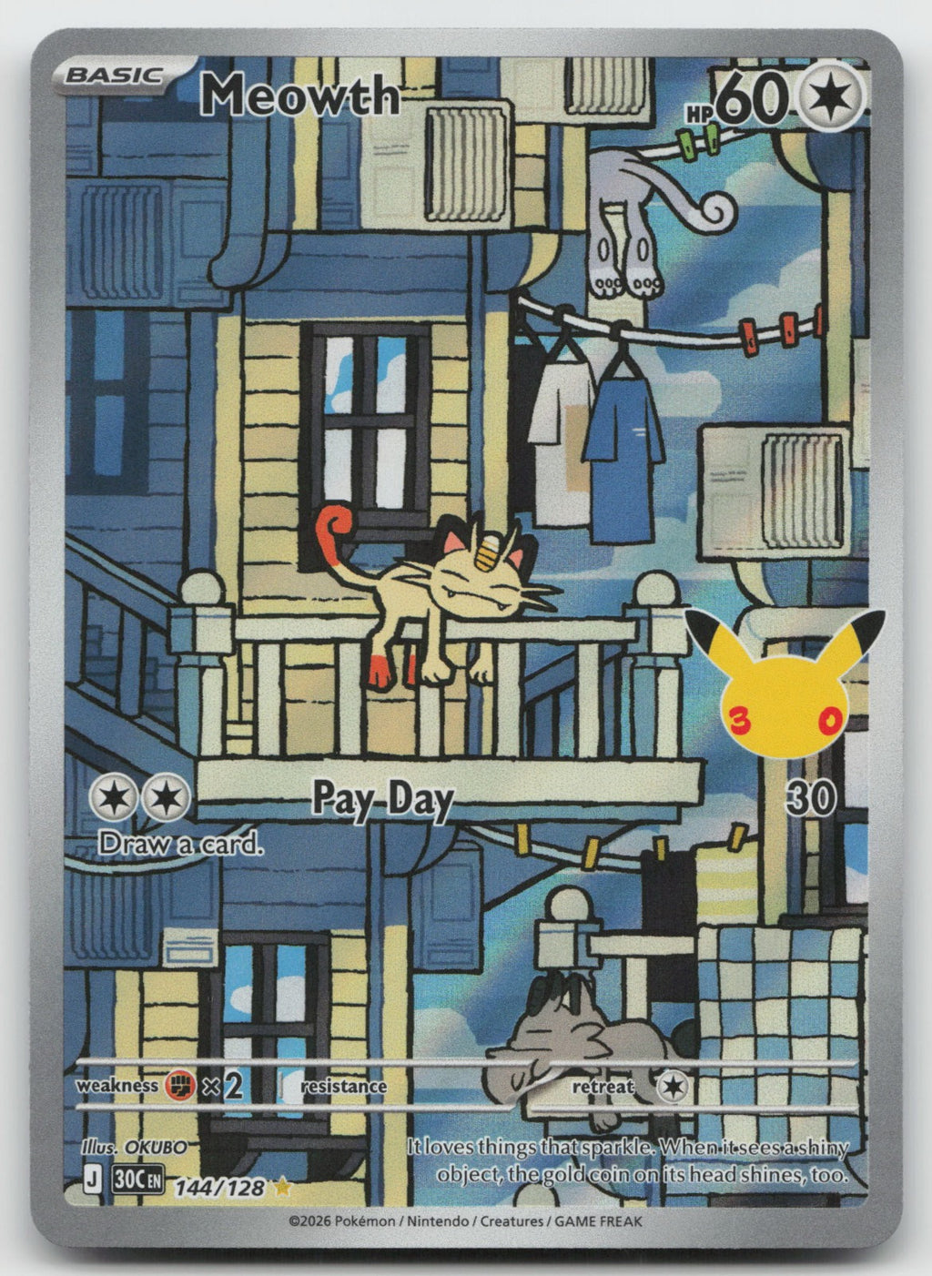 Meowth Holo Illustration Rare ME: 30th Celebration 144/128 NM