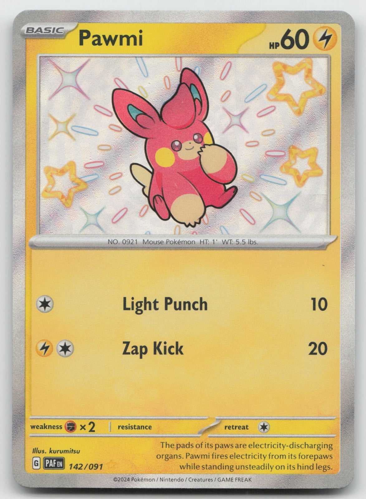 Pawmi Shiny Rare Holo SV: Paldean Fates 142/091 NM