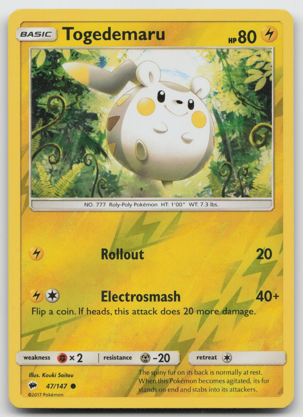 Togedemaru Reverse Holo Common SM - Burning Shadows 47/147 LP