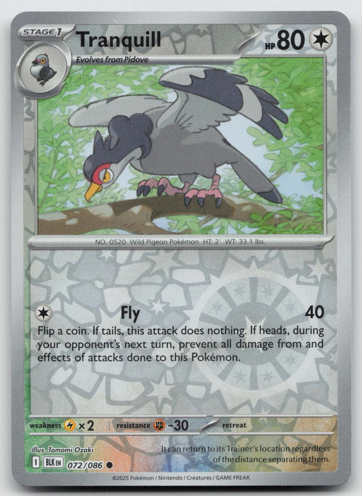 Tranquill Common Reverse Holo SV: Black Bolt 072/086 NM