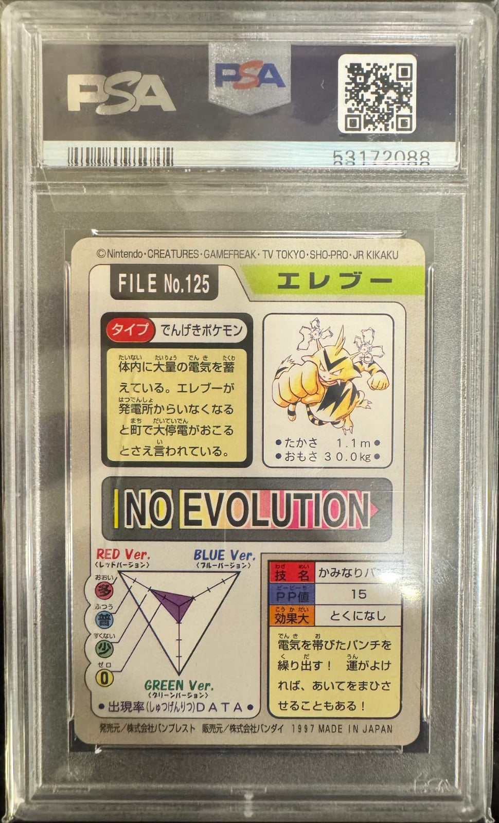 Electabuzz Pocket Monsters Japanese Cardass 125 1997 PSA 8