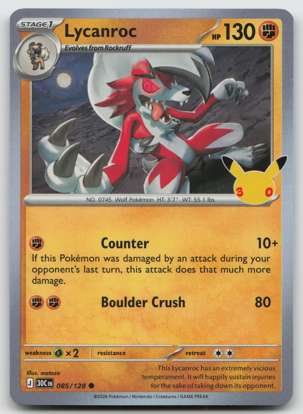 Lycanroc Holo Common ME: 30th Celebration 085/128 NM