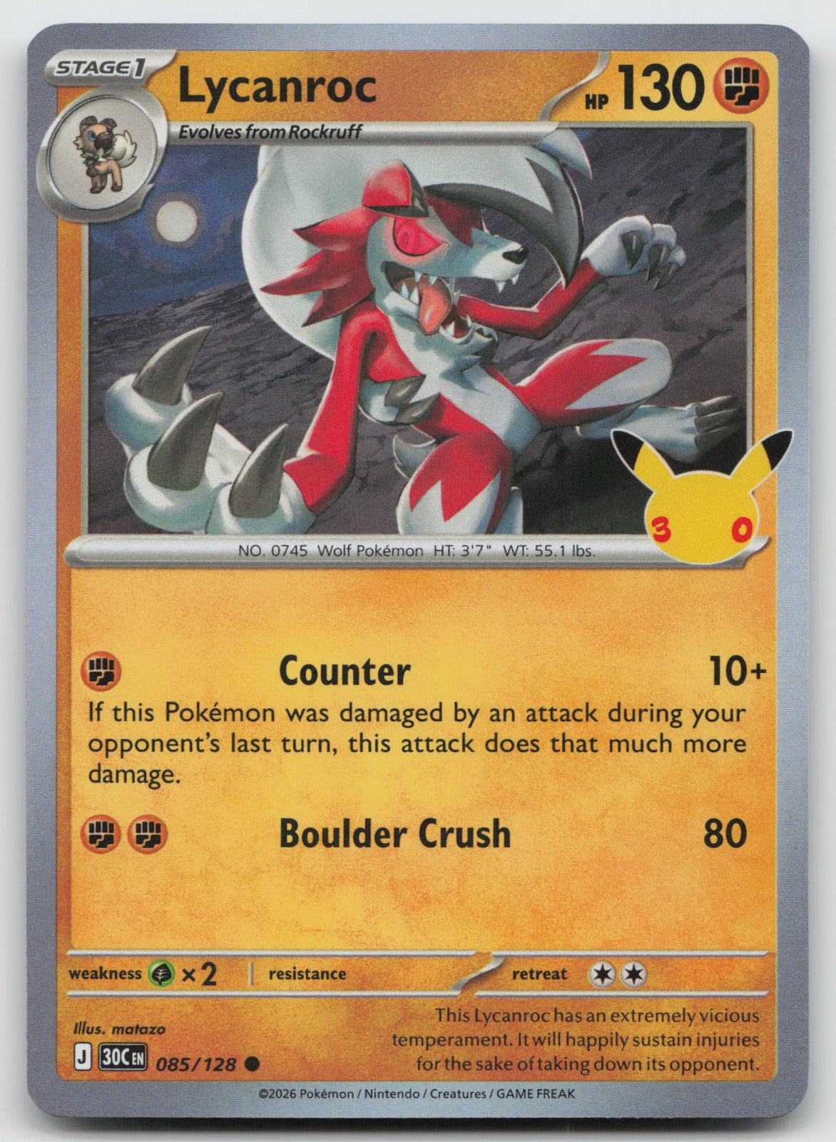 Lycanroc Holo Common ME: 30th Celebration 085/128 NM