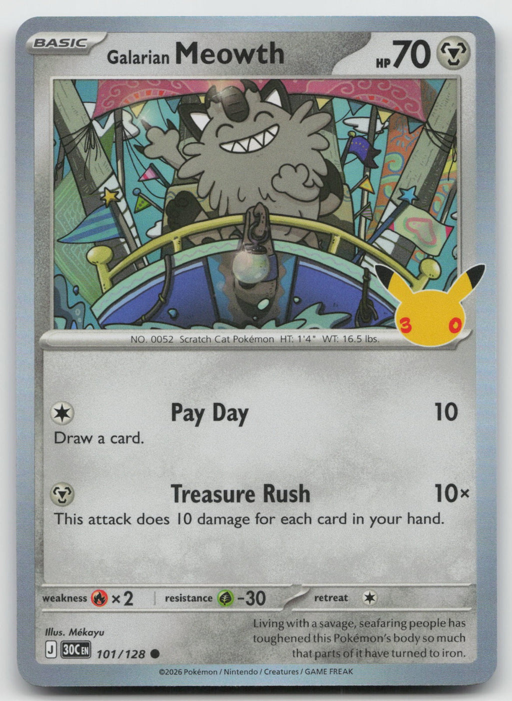 Galarian Meowth Holo Common ME: 30th Celebration 101/128 NM