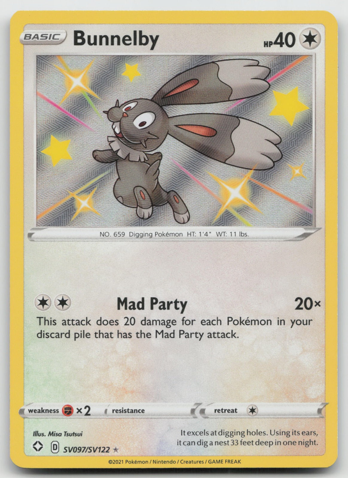 Bunnelby Shiny Holo Rare Shining Fates: Shiny Vault SV097/SV122 NM