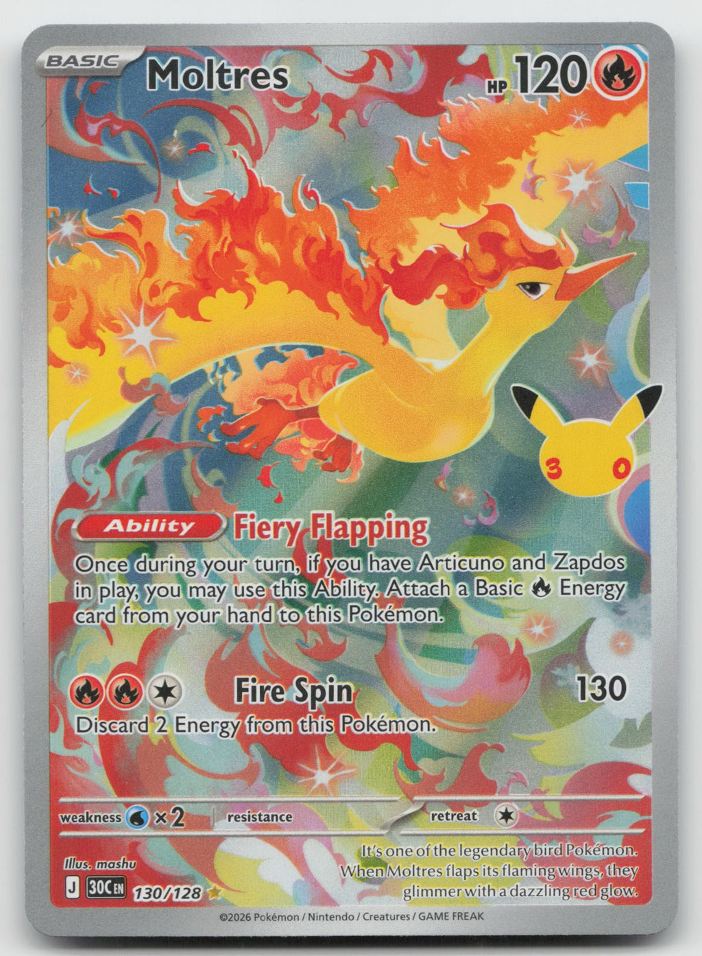Moltres Holo Illustration Rare ME: 30th Celebration 130/128 NM