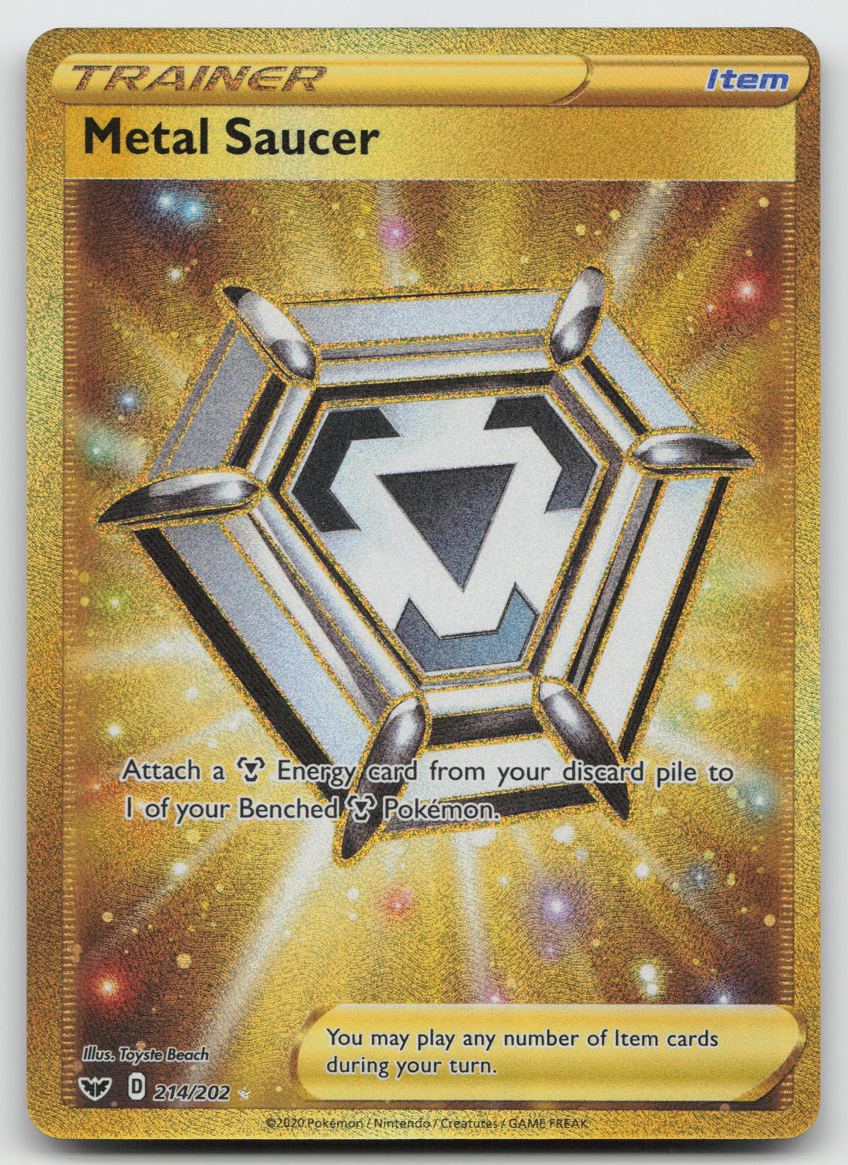 Metal Saucer (Secret) Gold Rare Holo SWSH01: Sword & Shield Base Set 214/202 NM