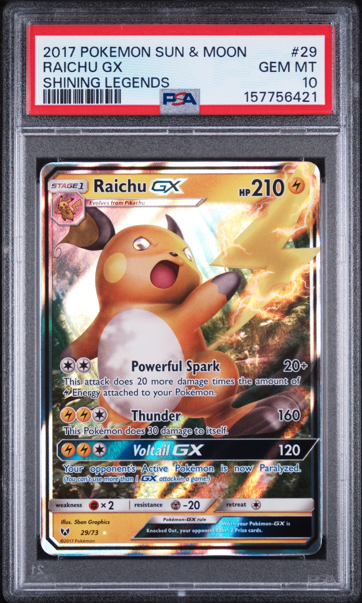 Raichu Gx Pokemon Sun & Moon Shining Legends 29/73 PSA 10