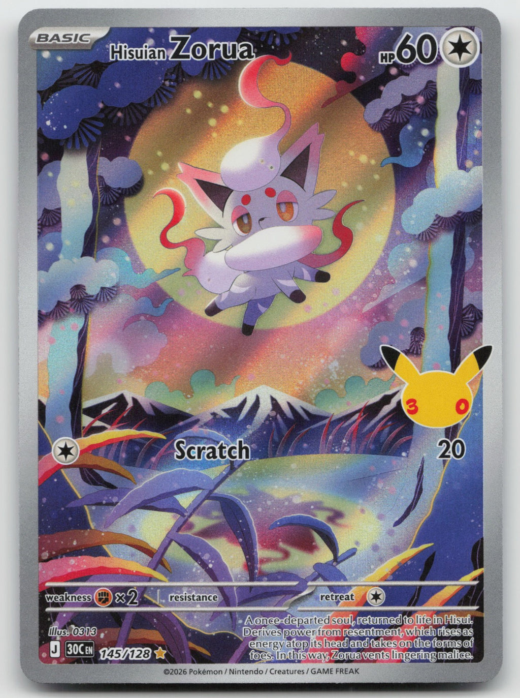 Hisuian Zorua Illustration Rare ME: 30th Celebration 145/128 NM