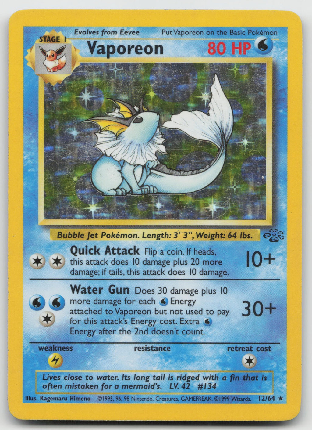 Vaporeon Unlimited Holo Rare Jungle 12/64 HP