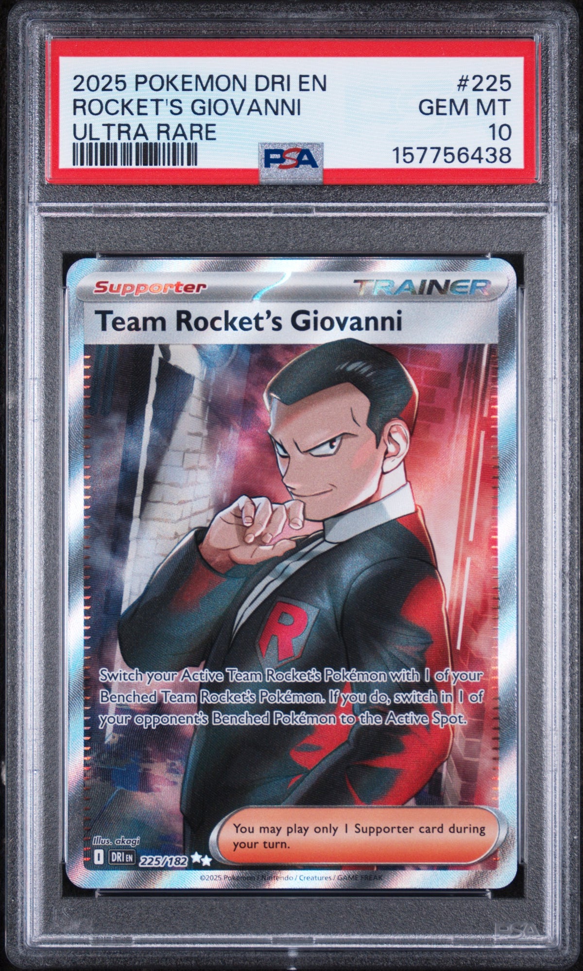 Rocket's Giovanni Ultra Rare Pokemon Dri En-Destined Rivals 225/182 PSA 10