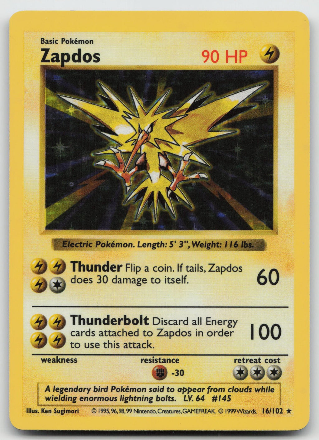 Zapdos Holo Rare Base Set (Shadowless) 16/102 NM/VLP