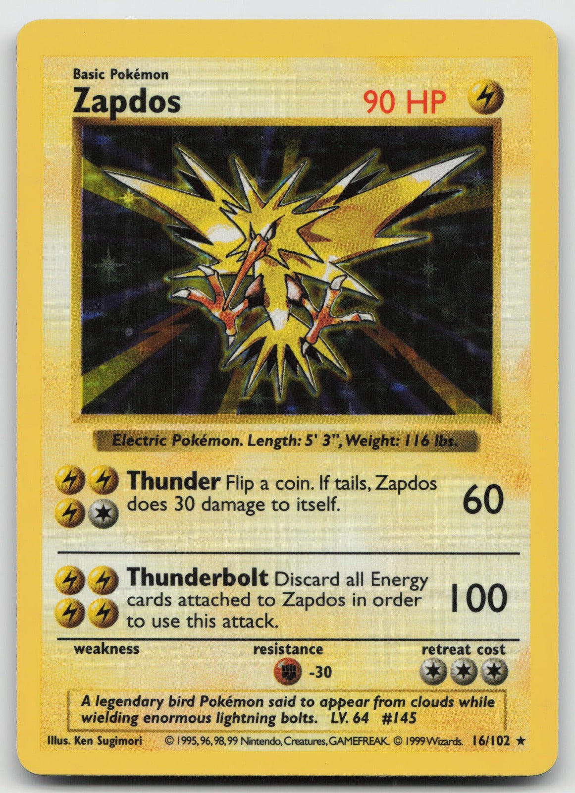 Zapdos Holo Rare Base Set (Shadowless) 16/102 NM/VLP