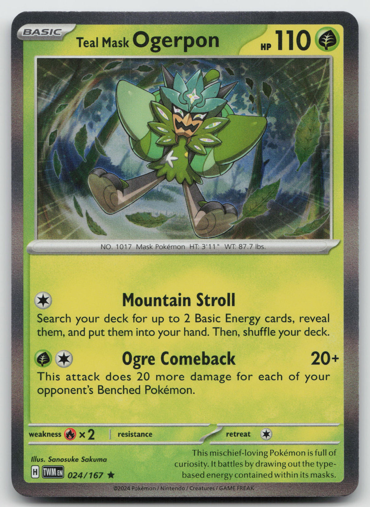 Teal Mask Ogerpon Rare Reverse Holo SV06: Twilight Masquerade 024/167 NM
