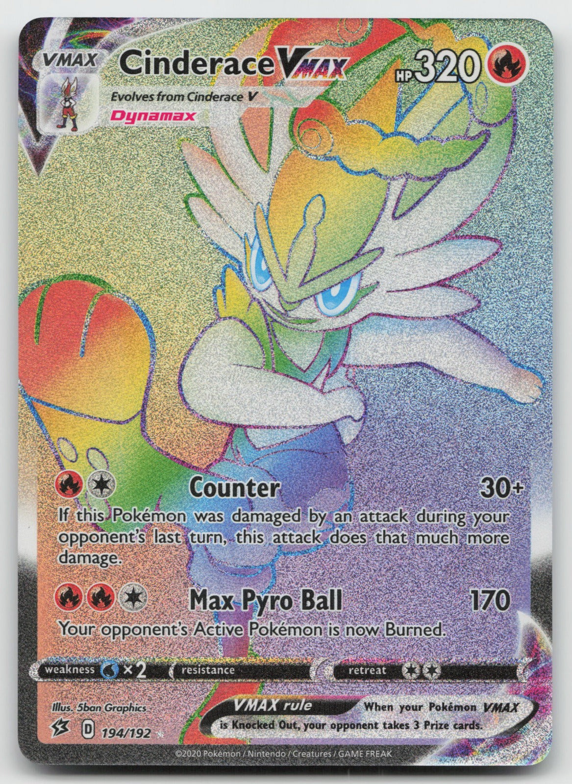 Cinderace VMAX (Secret) Holo Rainbow Rare SWSH02: Rebel Clash 194/192 NM