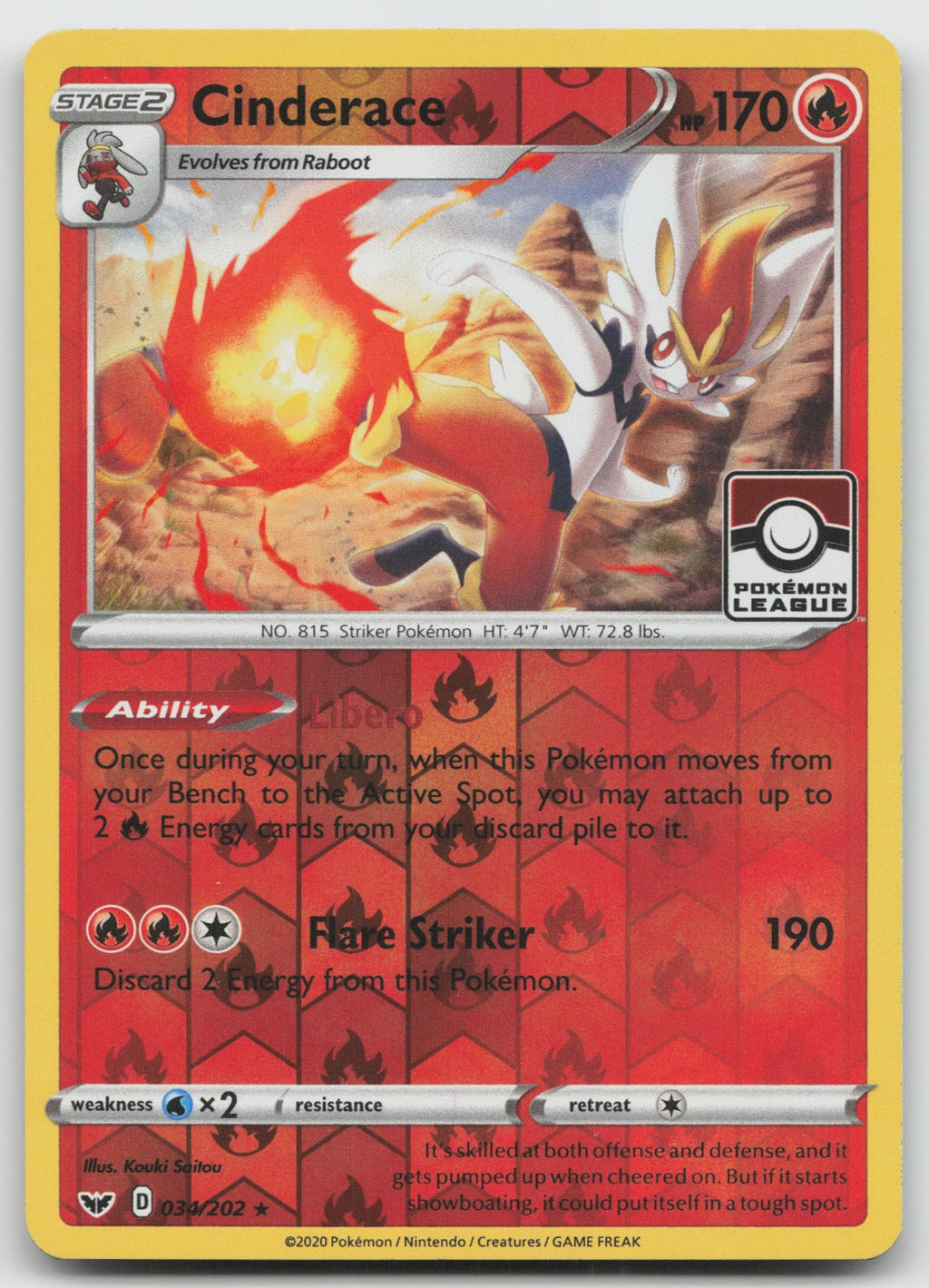 Cinderace - (Pokemon League) Promo Reverse Holo 34/202 NM