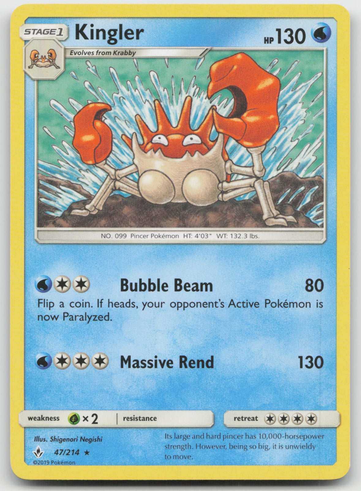 Kingler Rare SM - Unbroken Bonds 47/214 NM