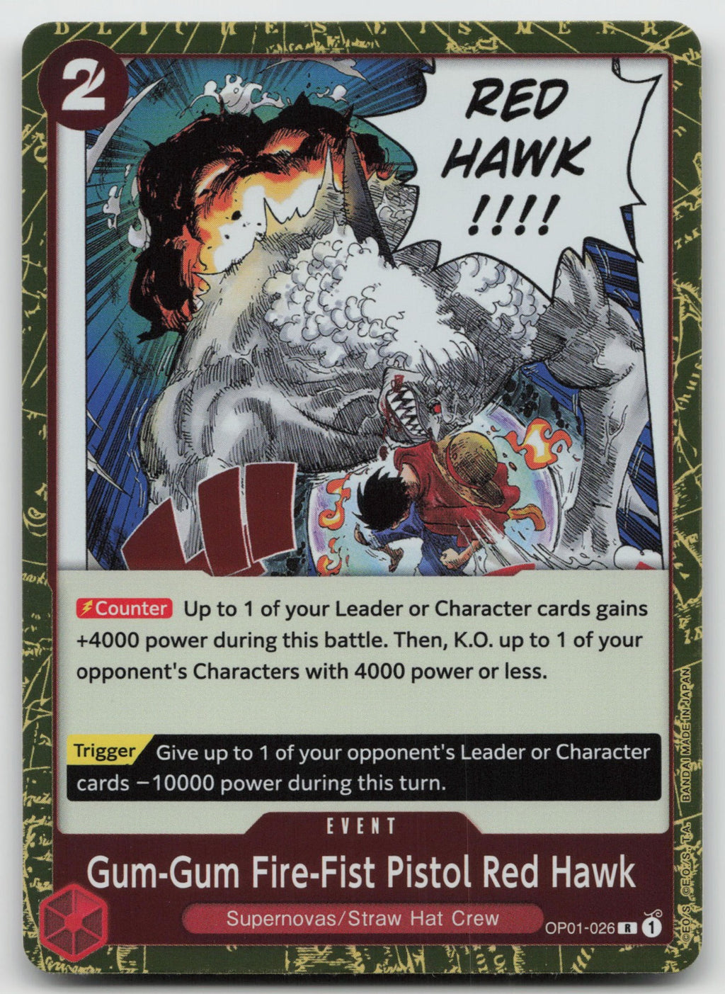 Gum-Gum Fire-Fist Pistol Red Hawk R Foil Romance Dawn OP01-026 NM