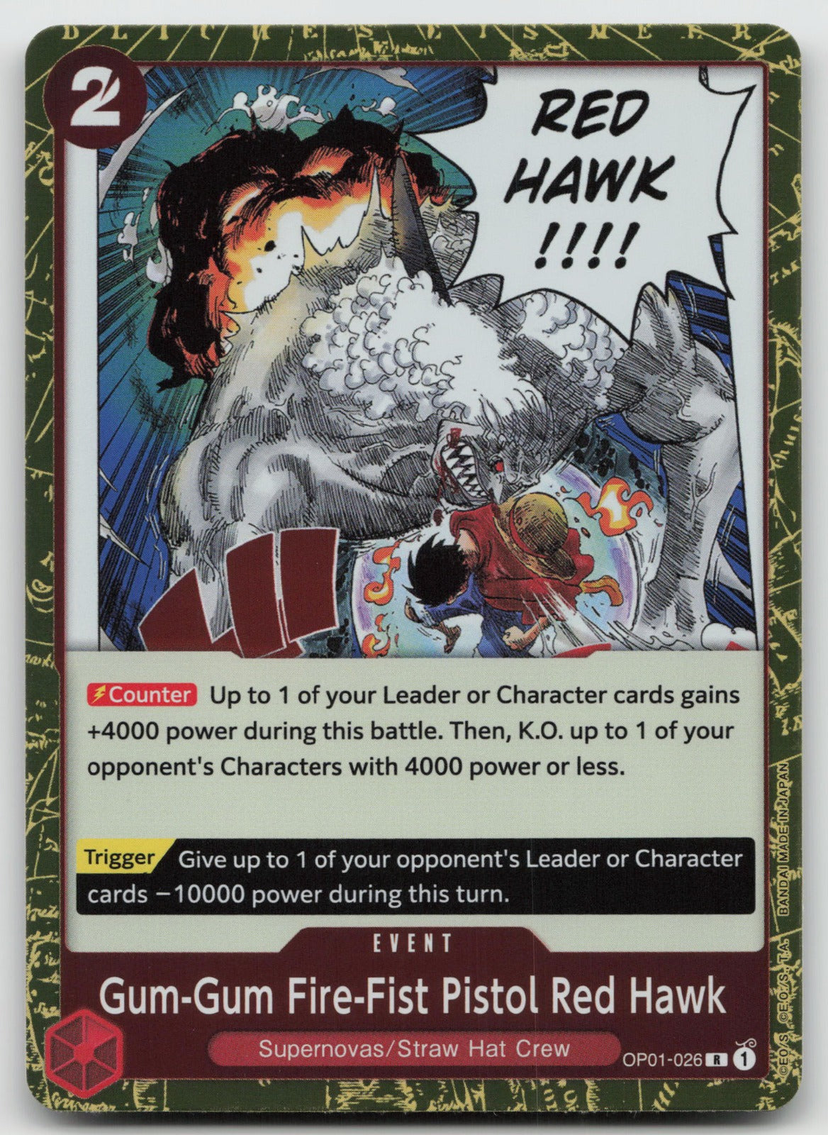 Gum-Gum Fire-Fist Pistol Red Hawk R Foil Romance Dawn OP01-026 NM