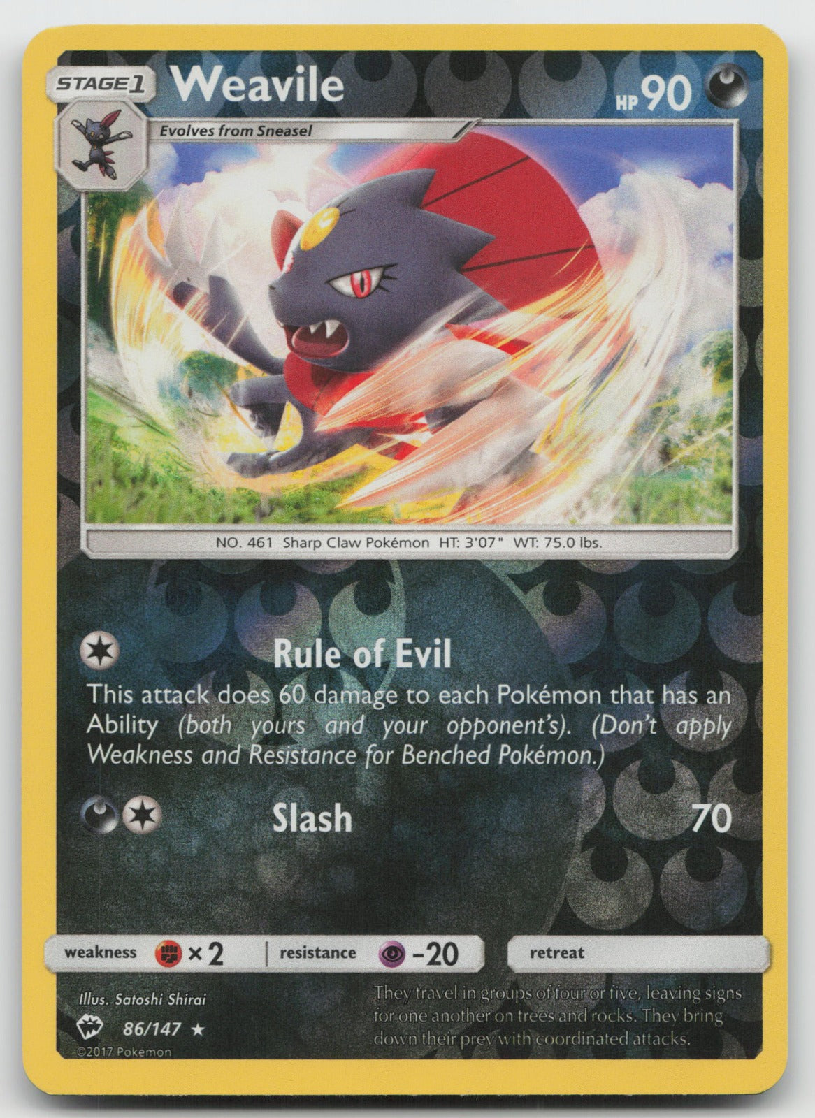 Weavile Reverse Holo Rare SM - Burning Shadows 86/147 NM