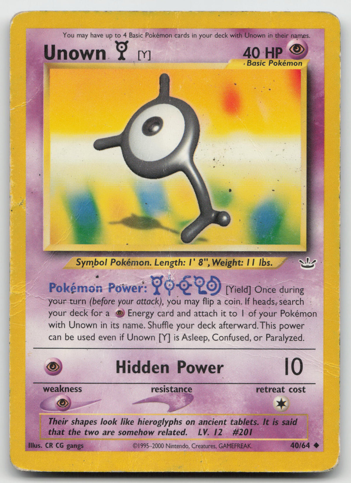 Unown [Y] Uncommon Unlimited Neo Revelation 40/64 DMG