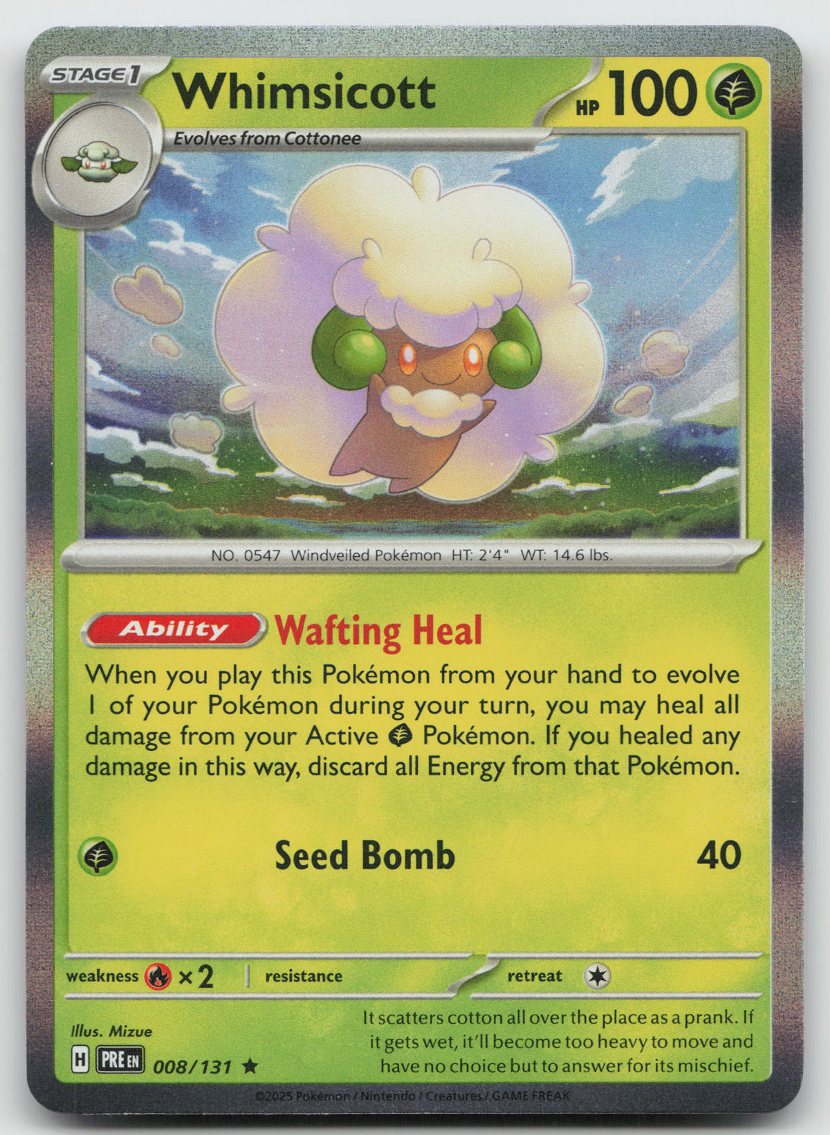 Whimsicott Rare Reverse Holo SV: Prismatic Evolutions 008/131 NM