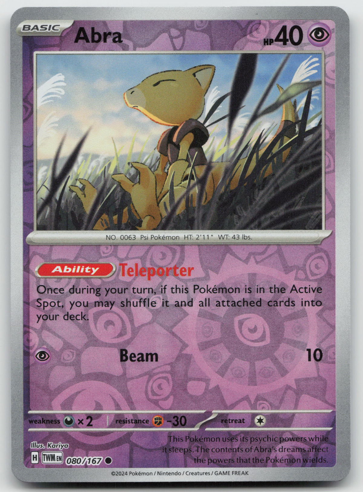 Abra Common Reverse Holo SV06: Twilight Masquerade 080/167 NM