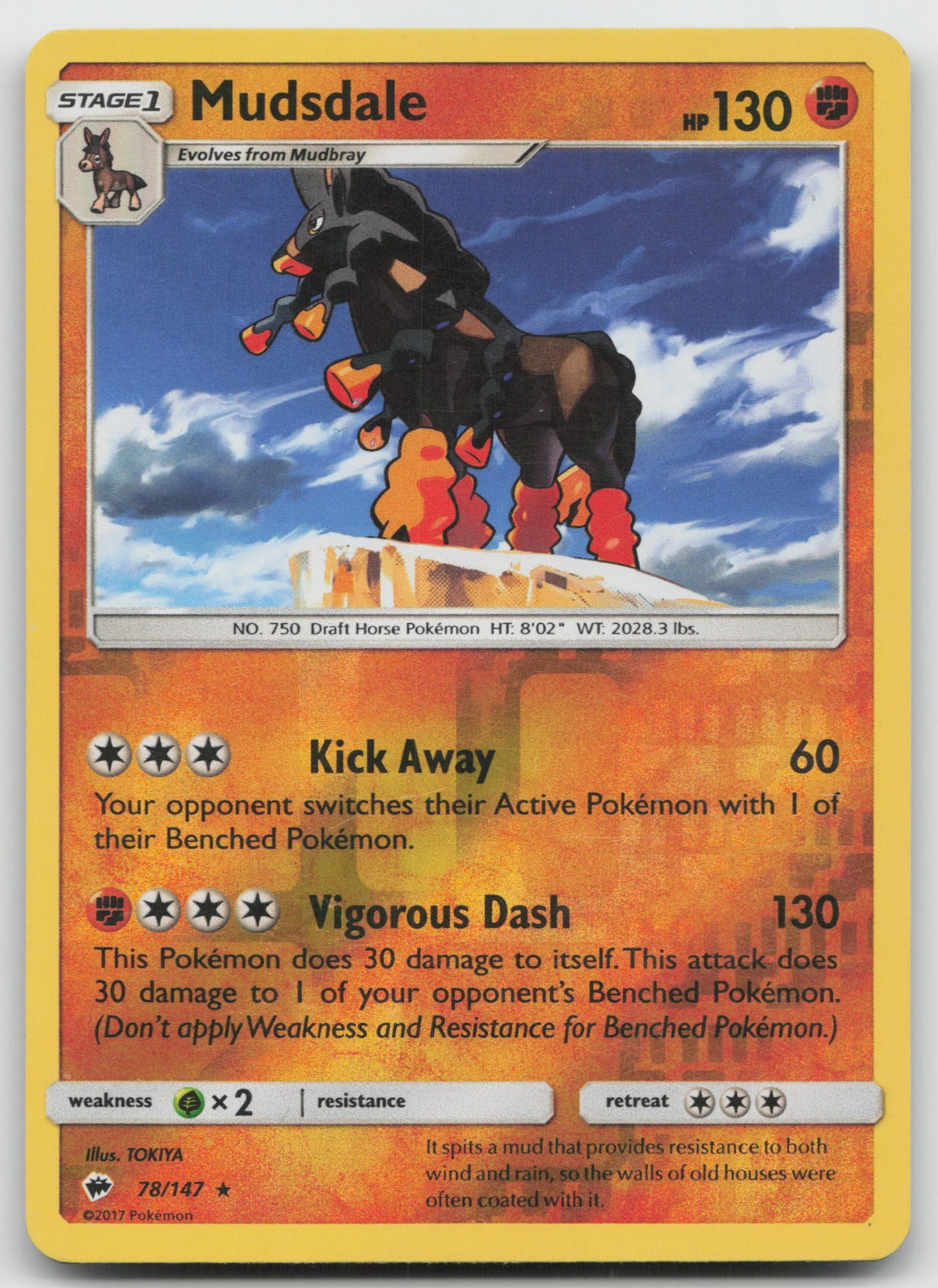 Mudsdale Reverse Holo Rare SM - Burning Shadows 78/147 NM