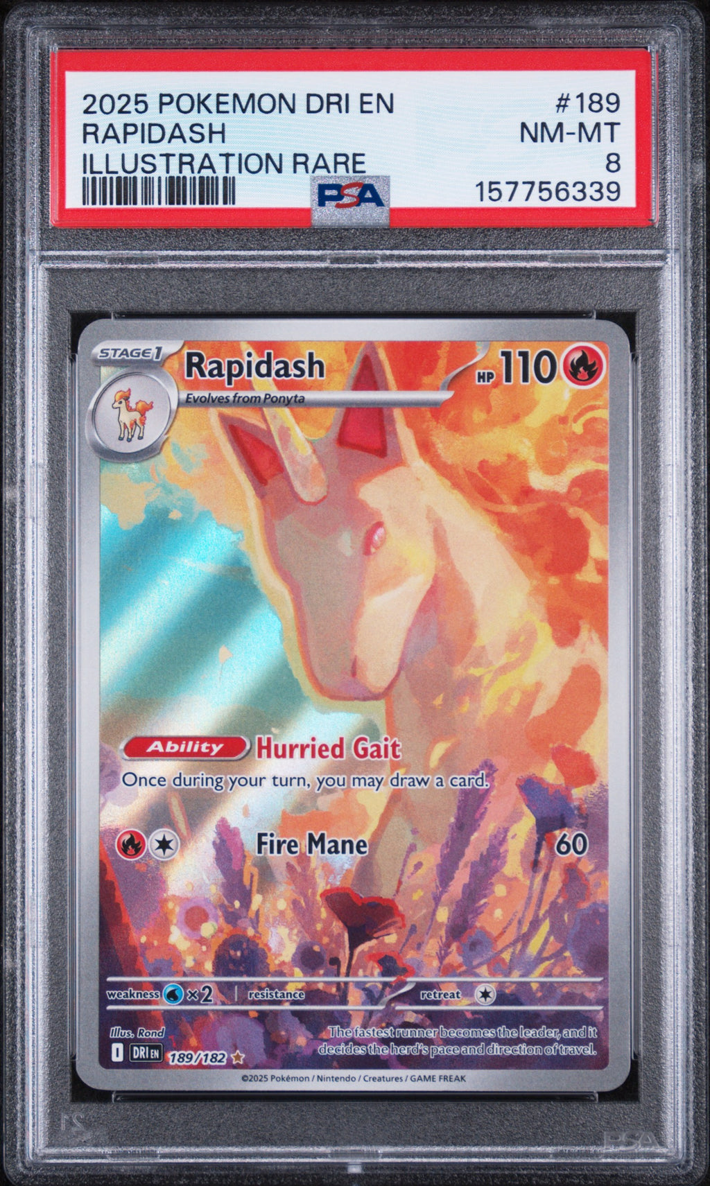 Rapidash Illustration Rare Pokemon Dri En-Destined Rivals 189/182 PSA 8