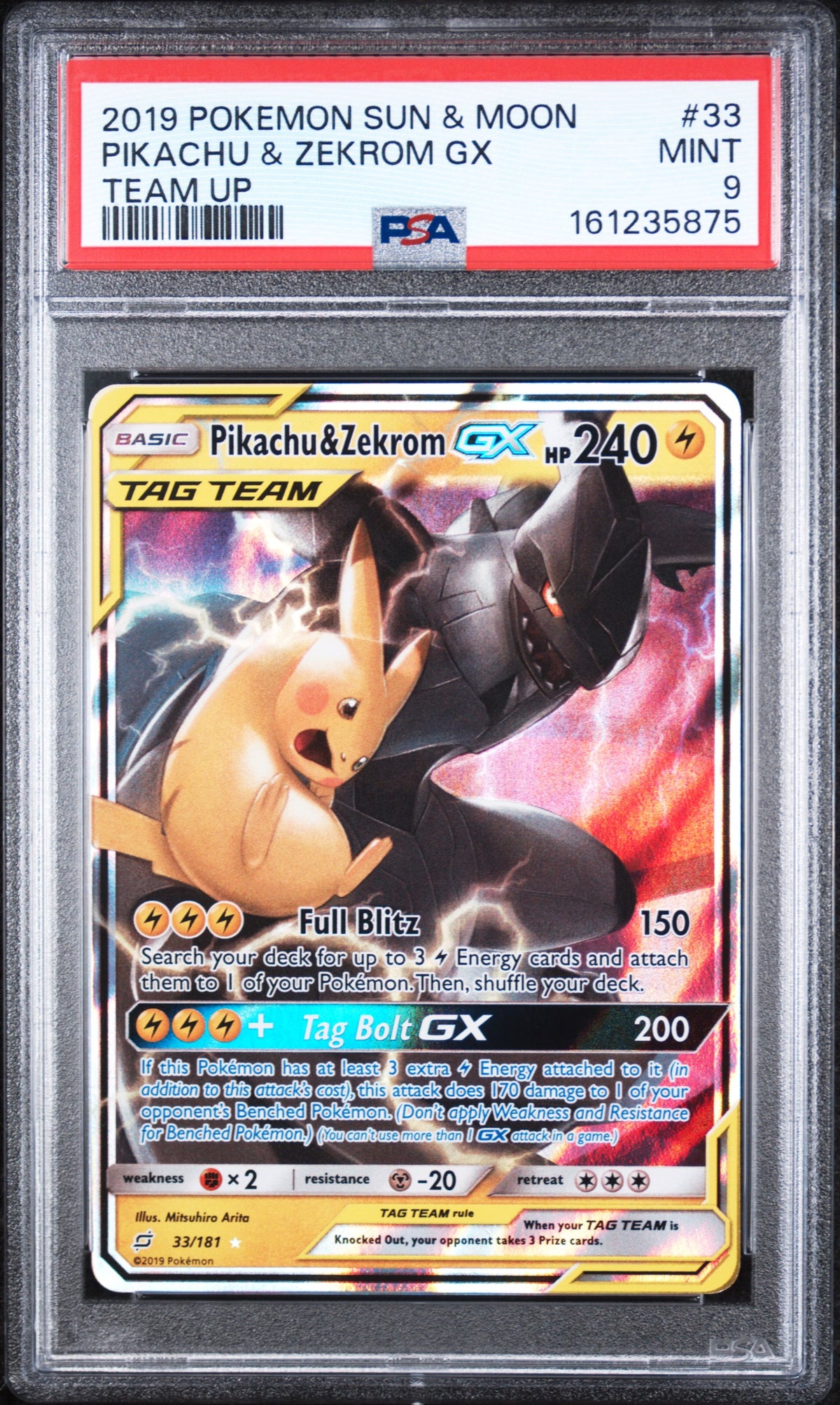 Pikachu & Zekrom Gx Pokemon Sun & Moon Team Up 33/181 PSA 9