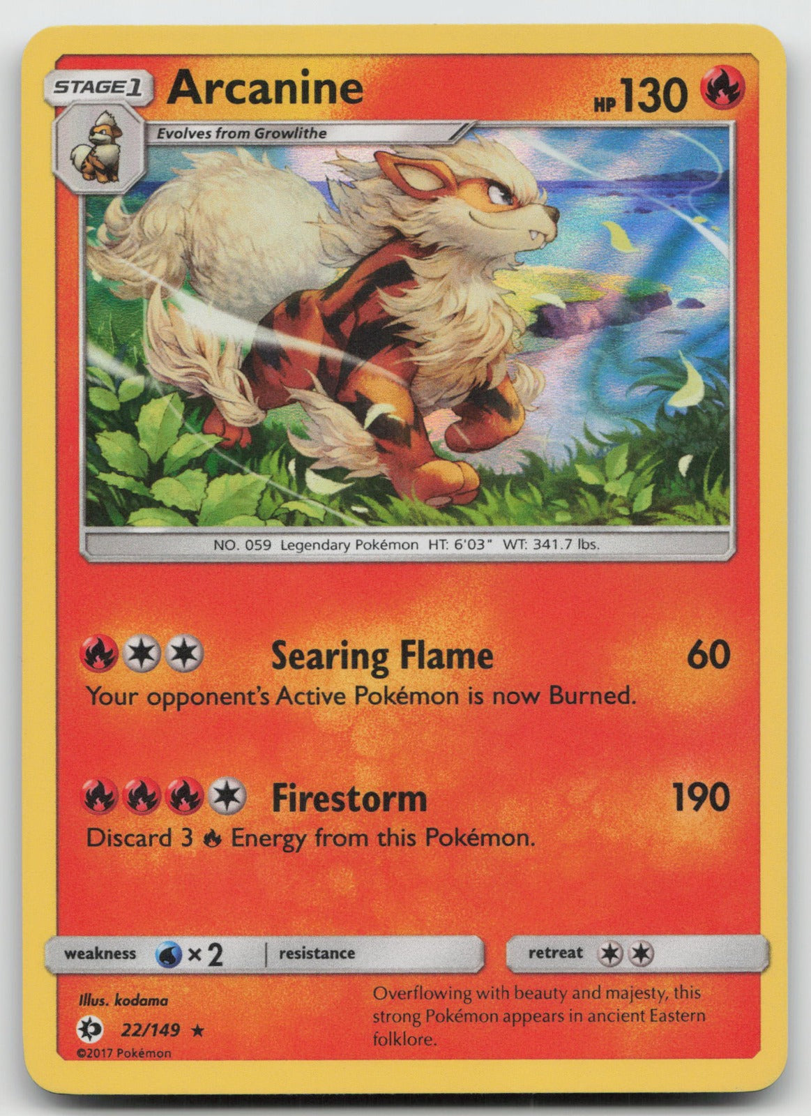 Arcanine Holo Rare SM Base Set 22/149 VLP