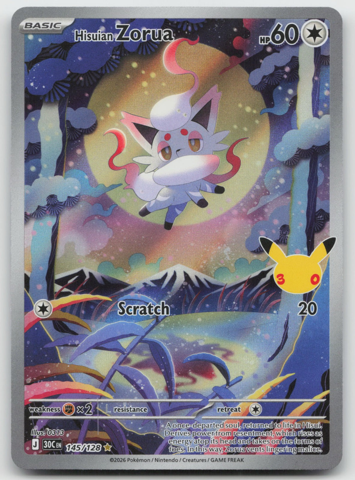 Hisuian Zorua Holo Illustration Rare ME: 30th Celebration 145/128 NM