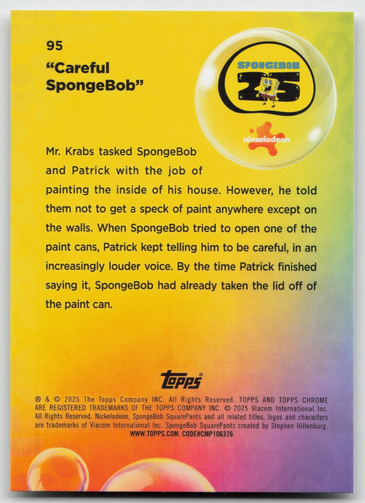 "Careful SpongeBob" Topps Chrome SpongeBob SquarePants 25th Anniversary 95 NM
