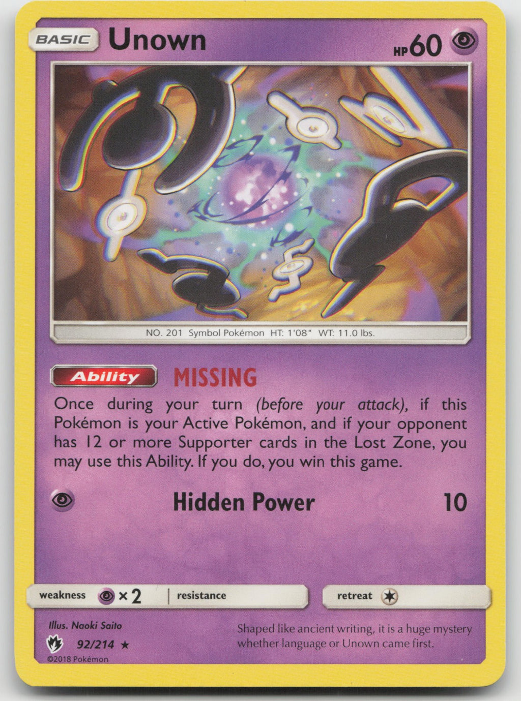 Unown Rare SM - Lost Thunder 92/214 NM
