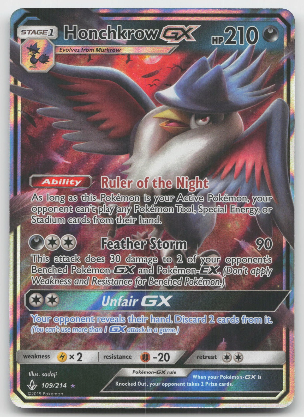 Honchkrow GX Holo Ultra Rare SM - Unbroken Bonds 109/214 NM