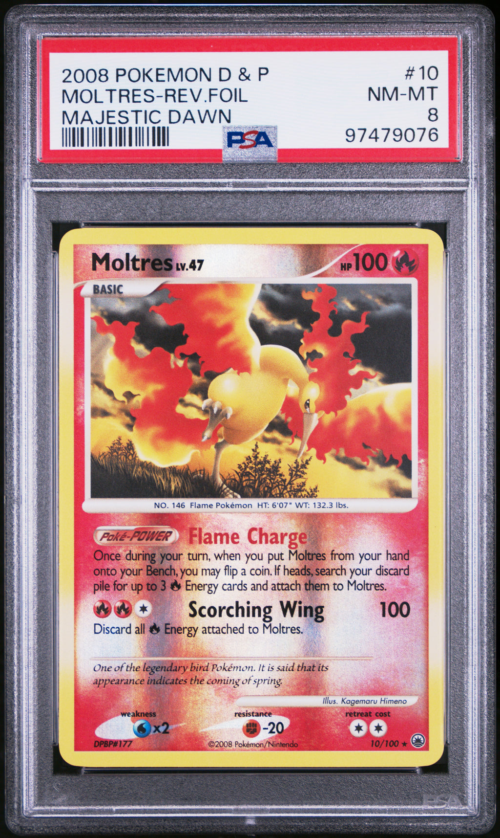 Moltres Majestic Dawn Pokemon Diamond & Pearl Reverse Holo 10/100 PSA 8