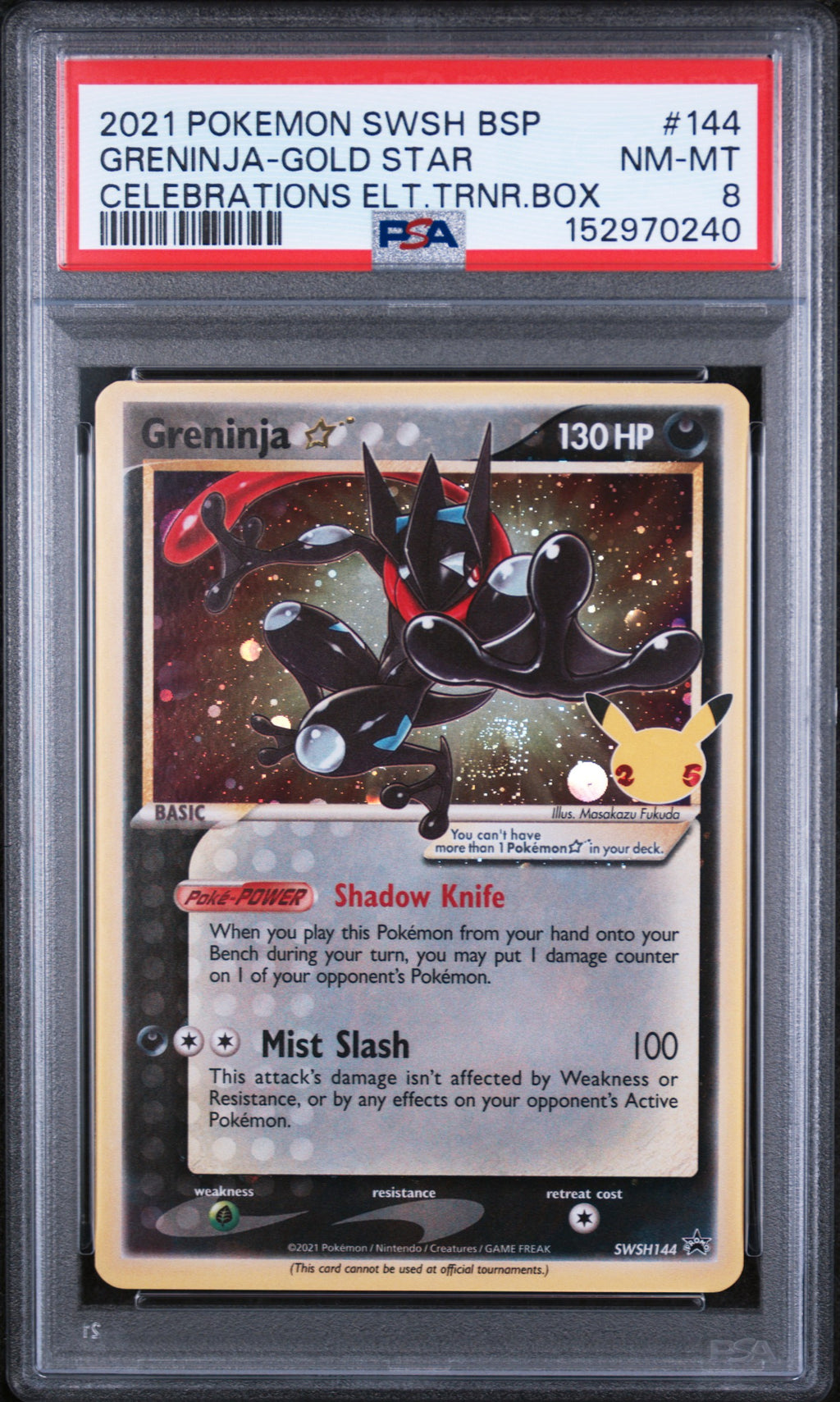 Greninja Gold Star Celebrations ETB Pokemon Black Star Promo SWSH144 PSA 8