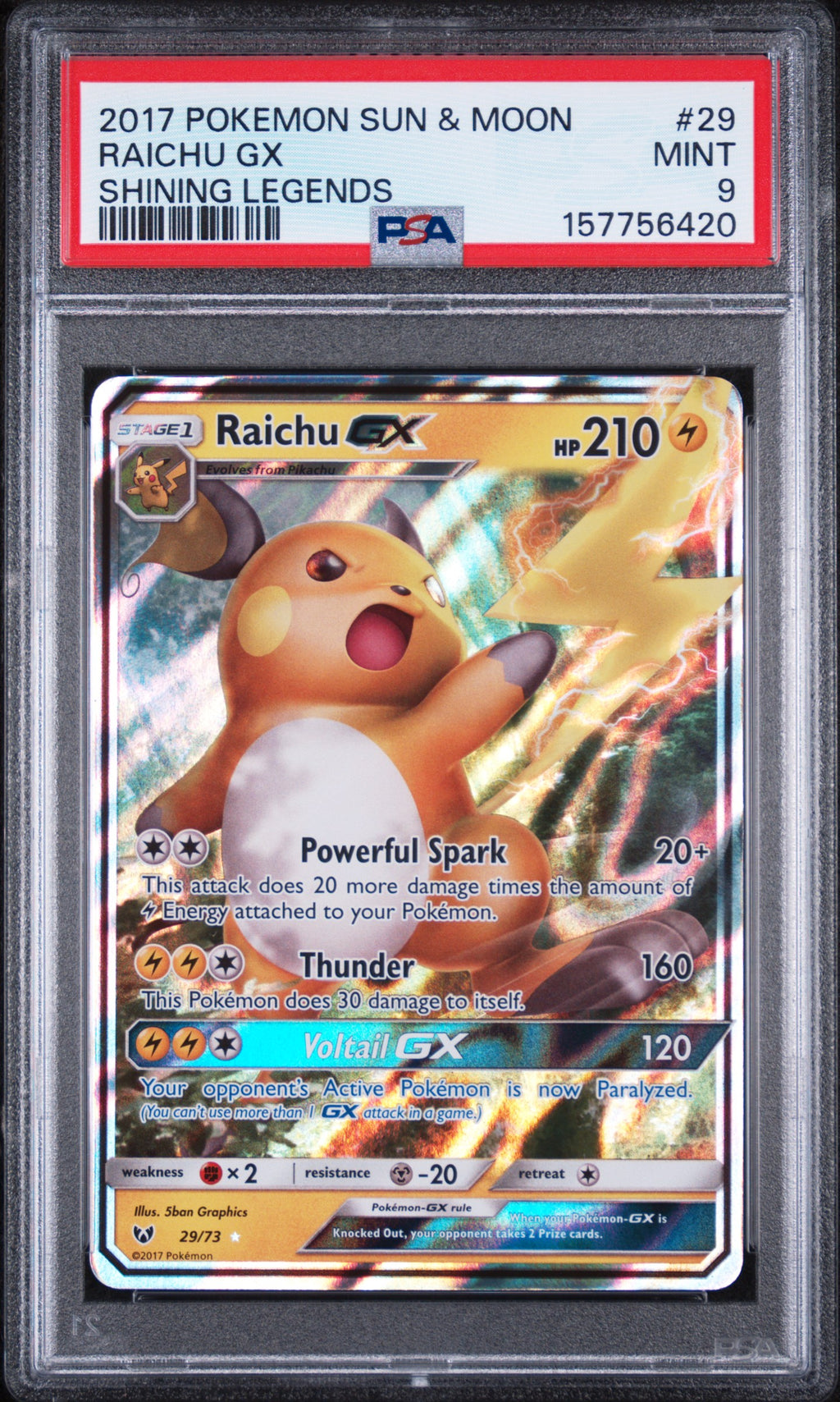 Raichu Gx Pokemon Sun & Moon Shining Legends 29/73 PSA 9