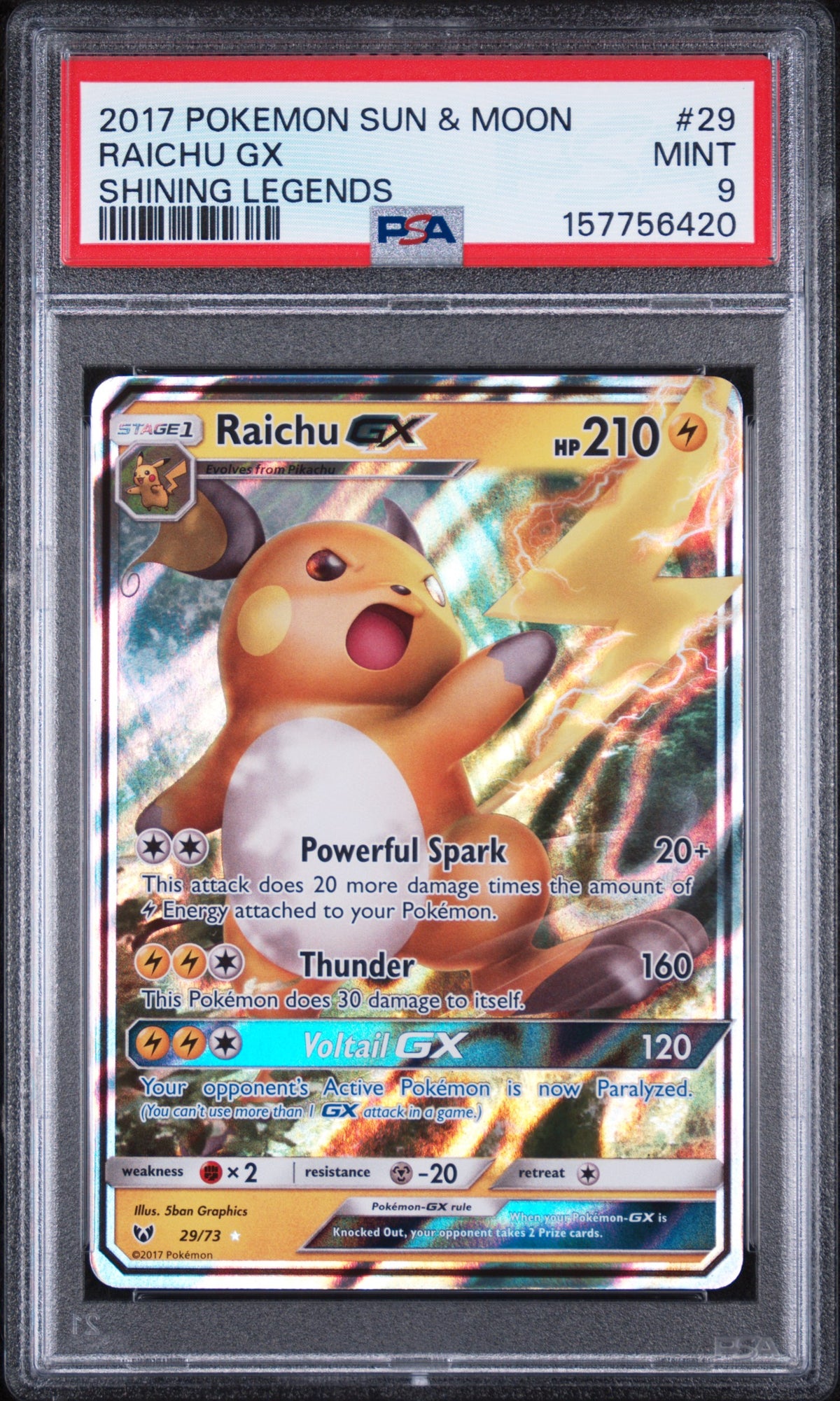 Raichu Gx Pokemon Sun & Moon Shining Legends 29/73 PSA 9