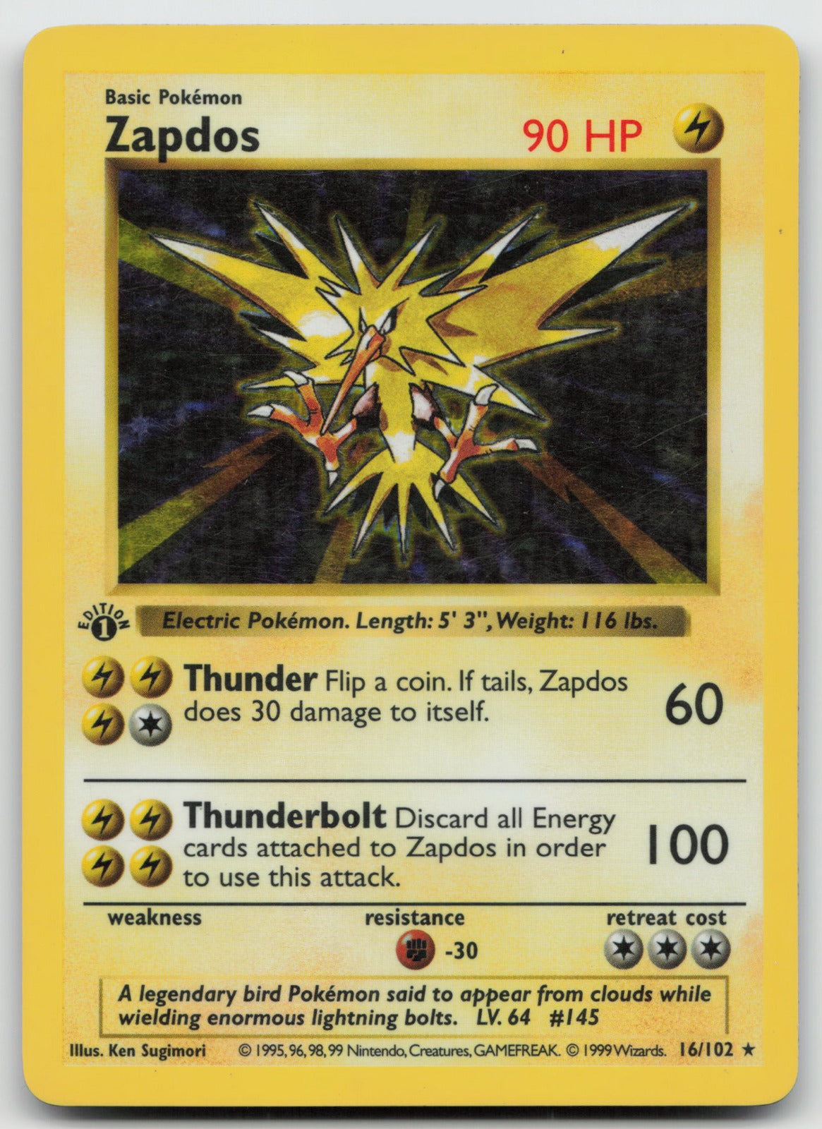 Zapdos 1st Edition Holo Rare Base Set (Shadowless) 16/102 LP/MP