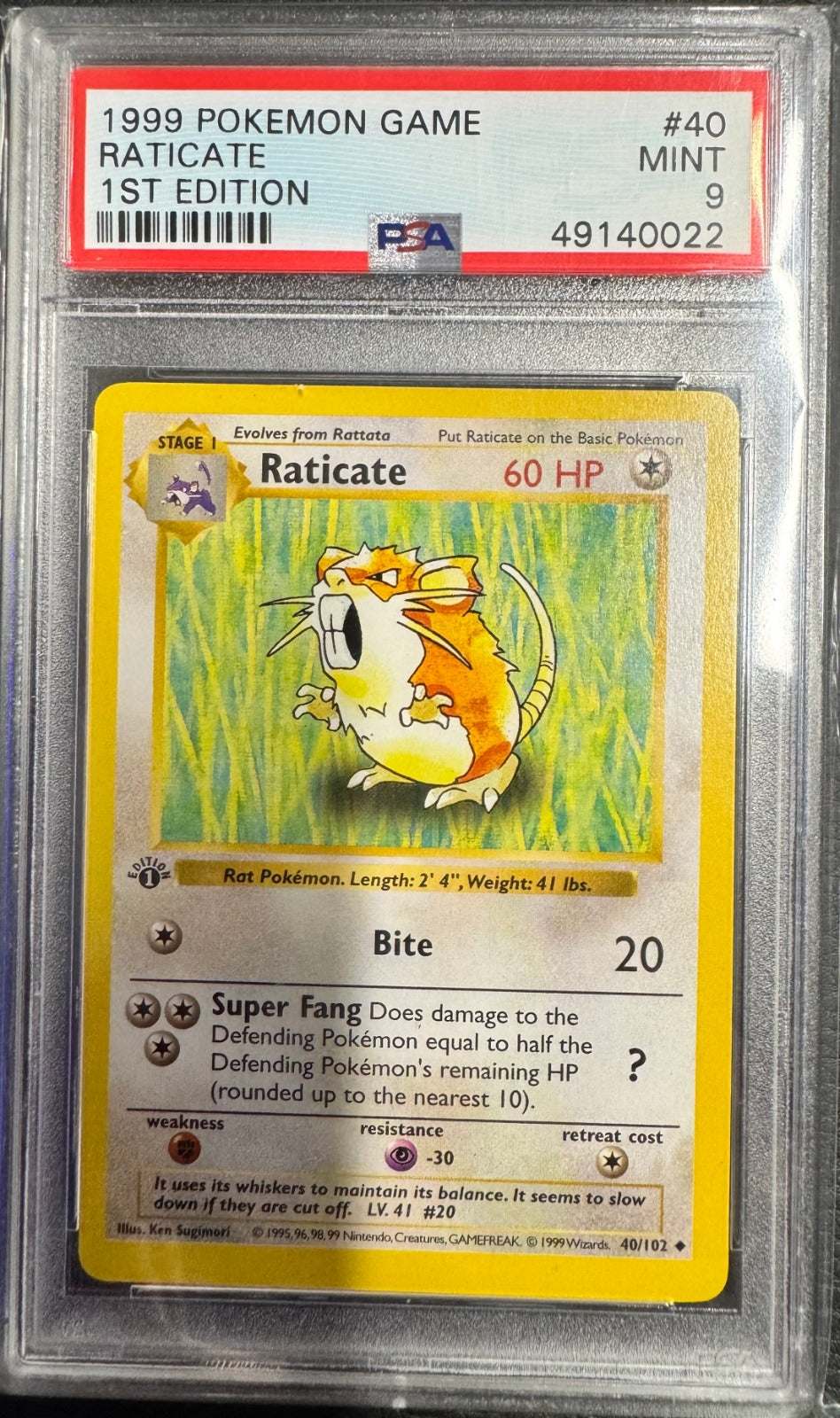 Raticate 1st Edition Uncommon Base Set (Shadowless) 40/102 PSA 9