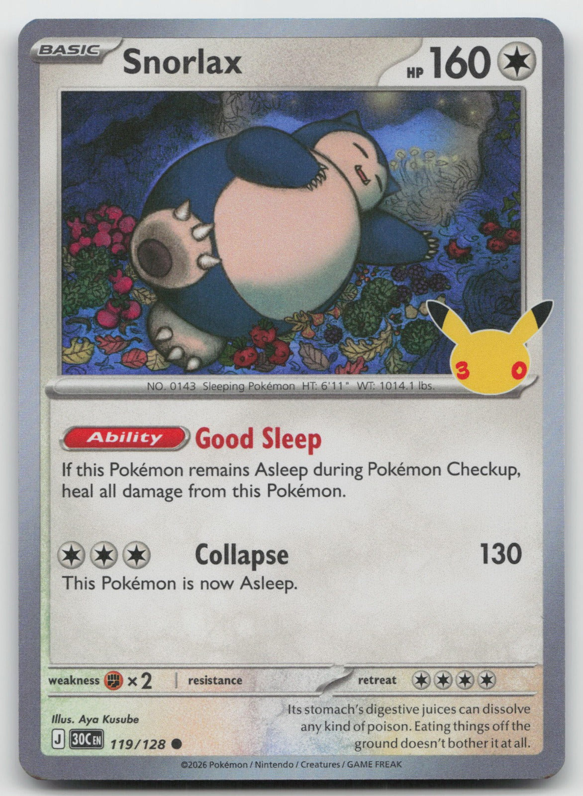Snorlax Holo Common ME: 30th Celebration 119/128 NM