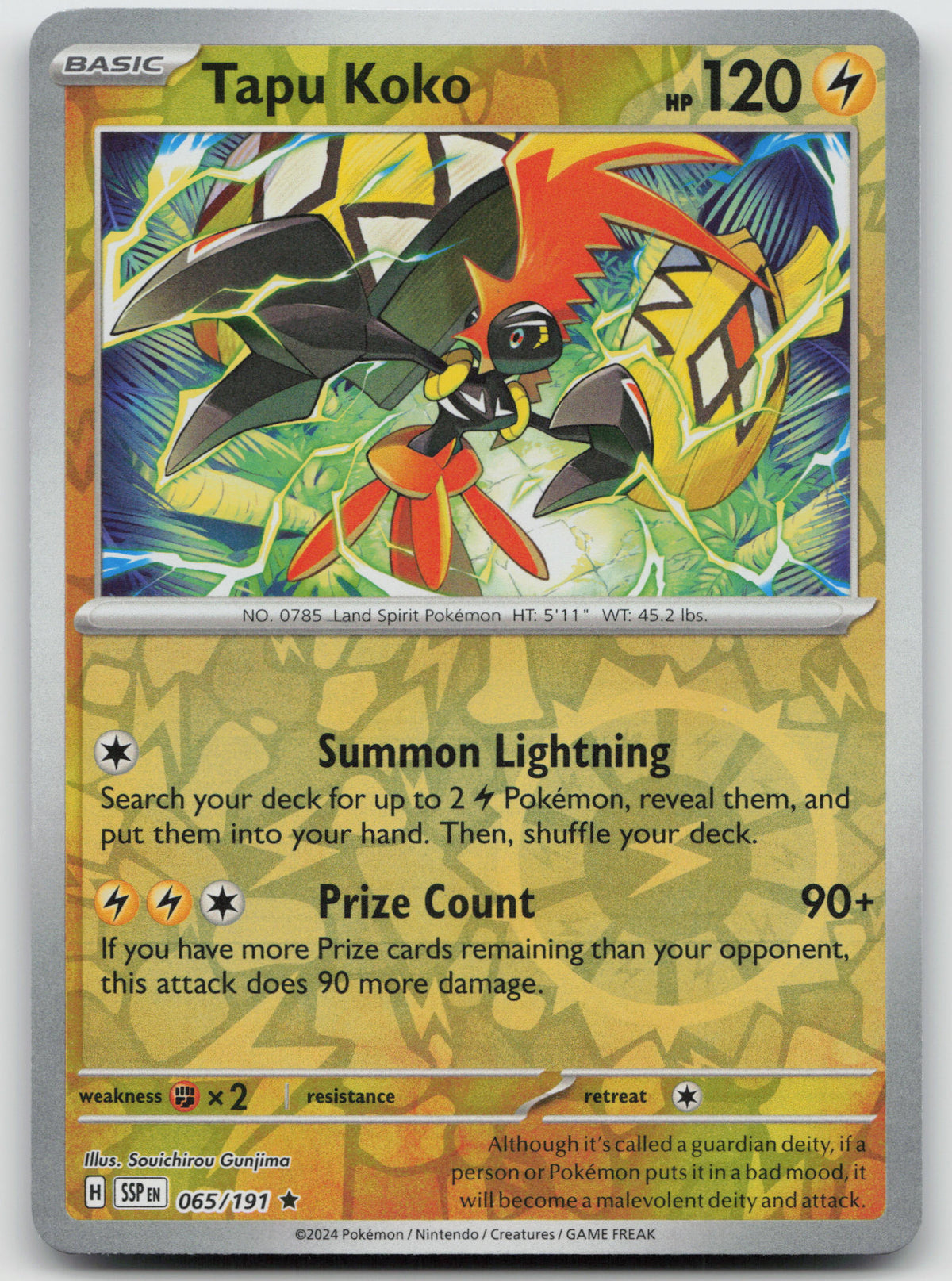 Tapu Koko Rare Reverse Holo SV08: Surging Sparks 065/191 NM