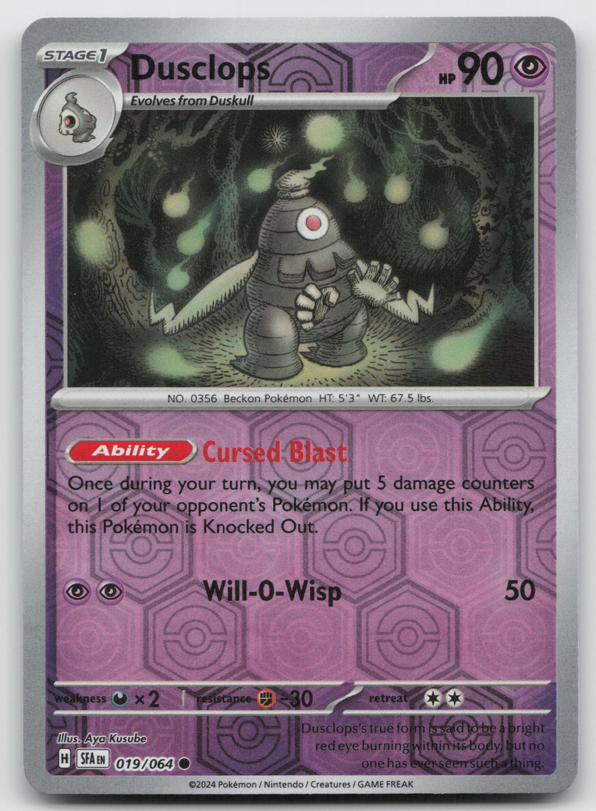 Dusclops Common Reverse Holo SV: Shrouded Fable 019/064 NM