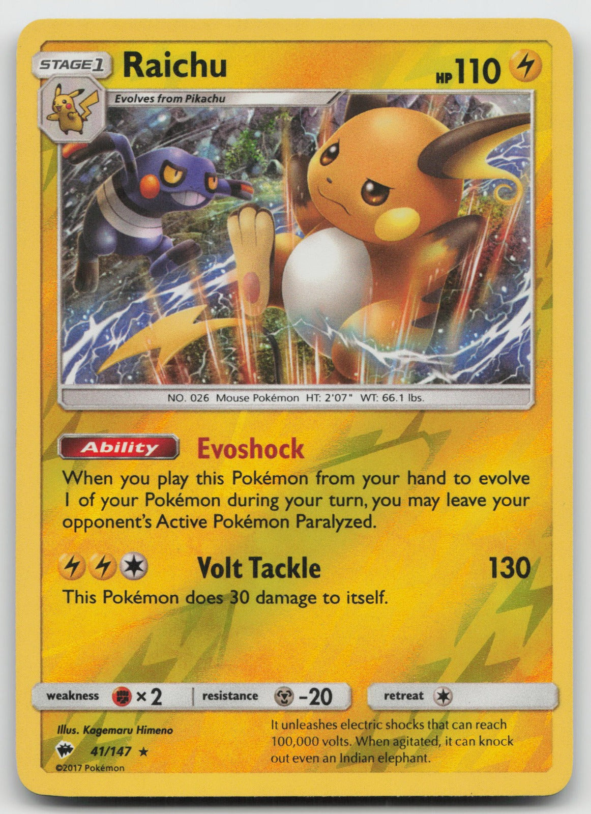 Raichu Reverse Holo Rare SM - Burning Shadows 41/147 NM